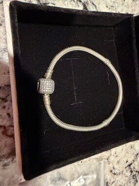 Pandora Moments Sterling Silver Snake Chain Bracelet with Pavé Clasp (size 17)